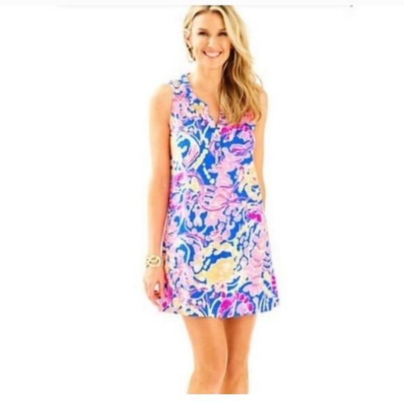 Lilly Pulitzer Blue&Pink Lobster Shrimp Essie Shift Mini Dress Sz.S - Picture 2 of 13